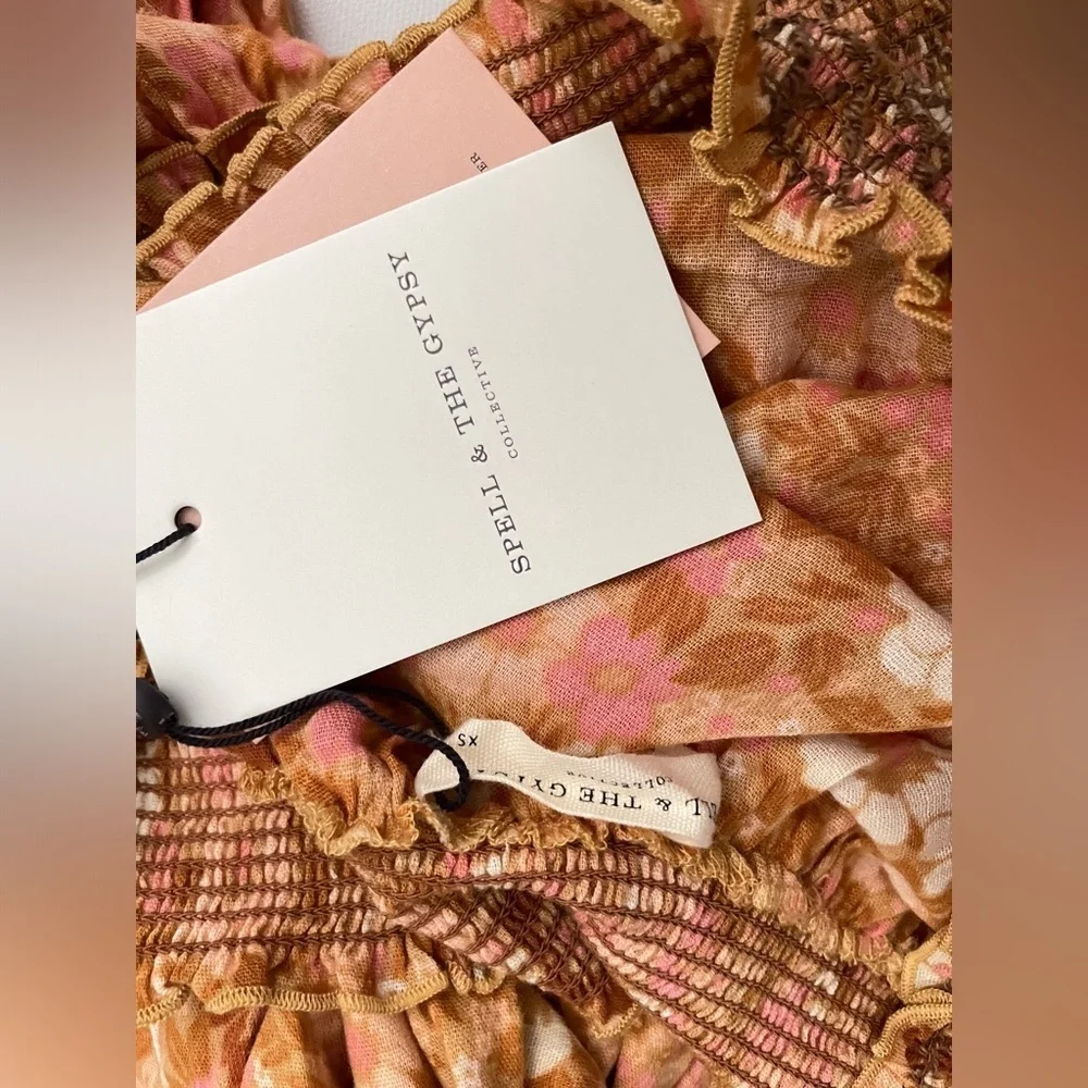 Spell Anne Smocked wide leg jumpsuit XS Peach antique floral off shoulder cotton - Picture 11 of 14